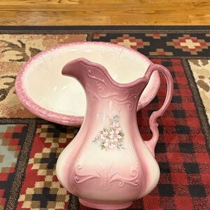 Antique Ironstone pink floral pitcher and wash basin set